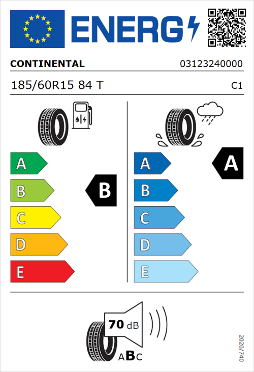 Tyre Label for Continental UltraContact 185/60R15 84T
