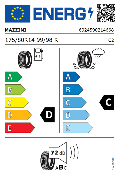 Tyre Label for Mazzini Effivan 175/80R14 99/98R