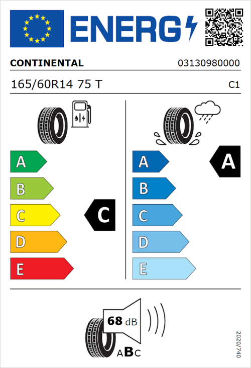 Tyre Label for Continental UltraContact 165/60R14 75T