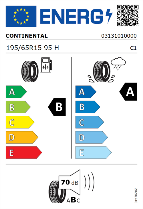 Tyre Label for Continental UltraContact 195/65R15 95H