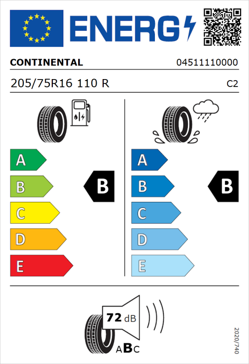 Tyre Label for Continental ContiVanContact 100 205/75R16 110R